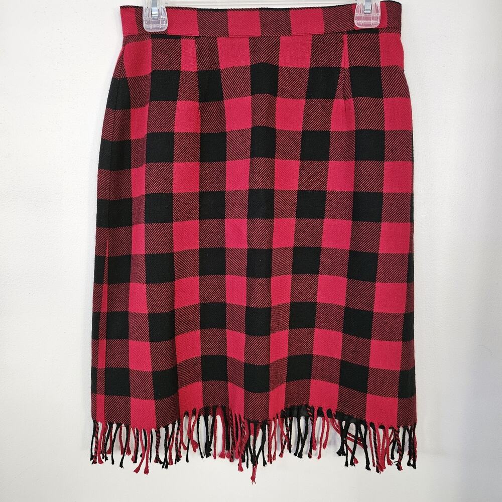 Savion Women's Wool Blend Skirt Red & Black Buffalo Plaid Fringe Vintage Sz 10